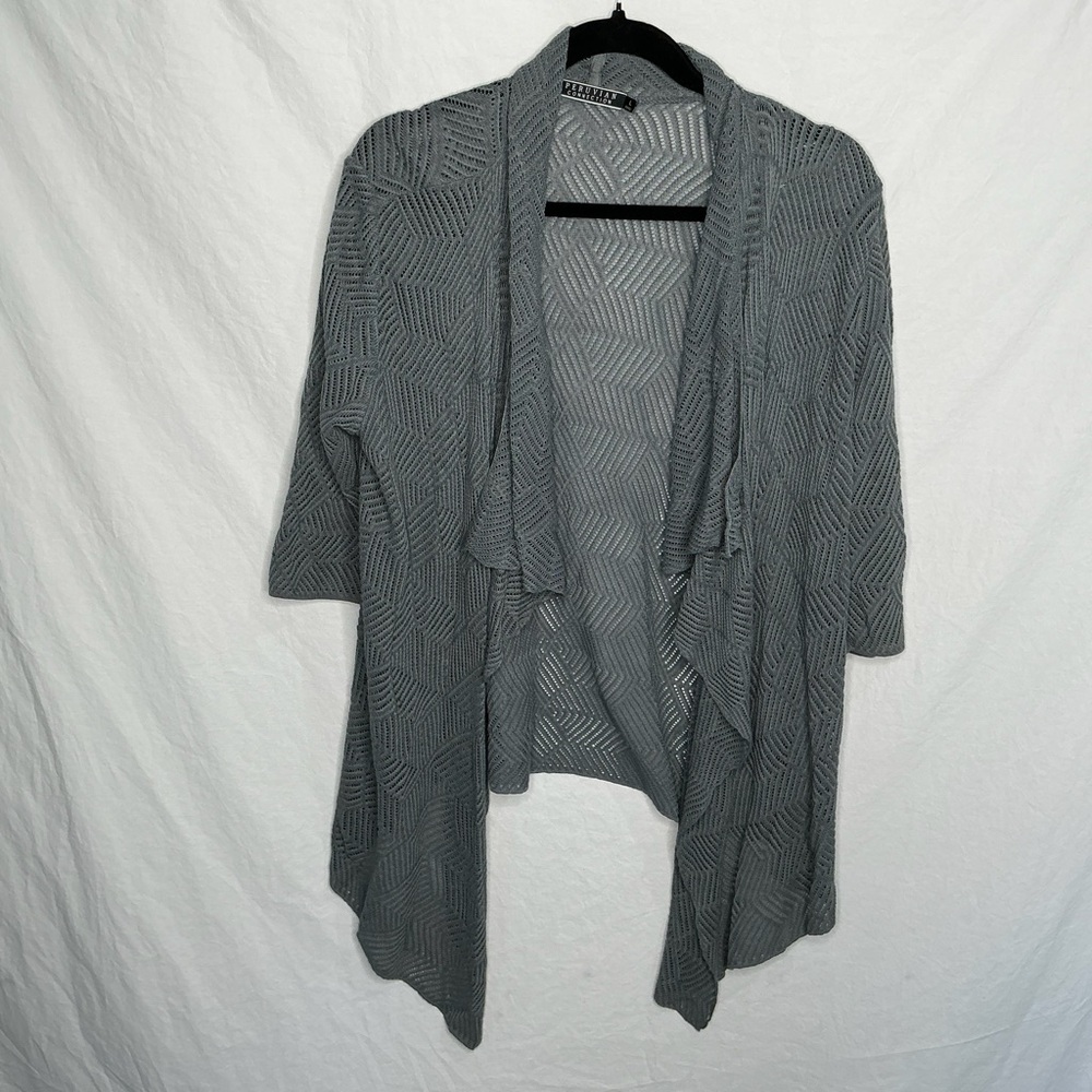 Peruvian Connection Open Knit Front Waterfall Cardigan Pima Cotton Gray Sz Large